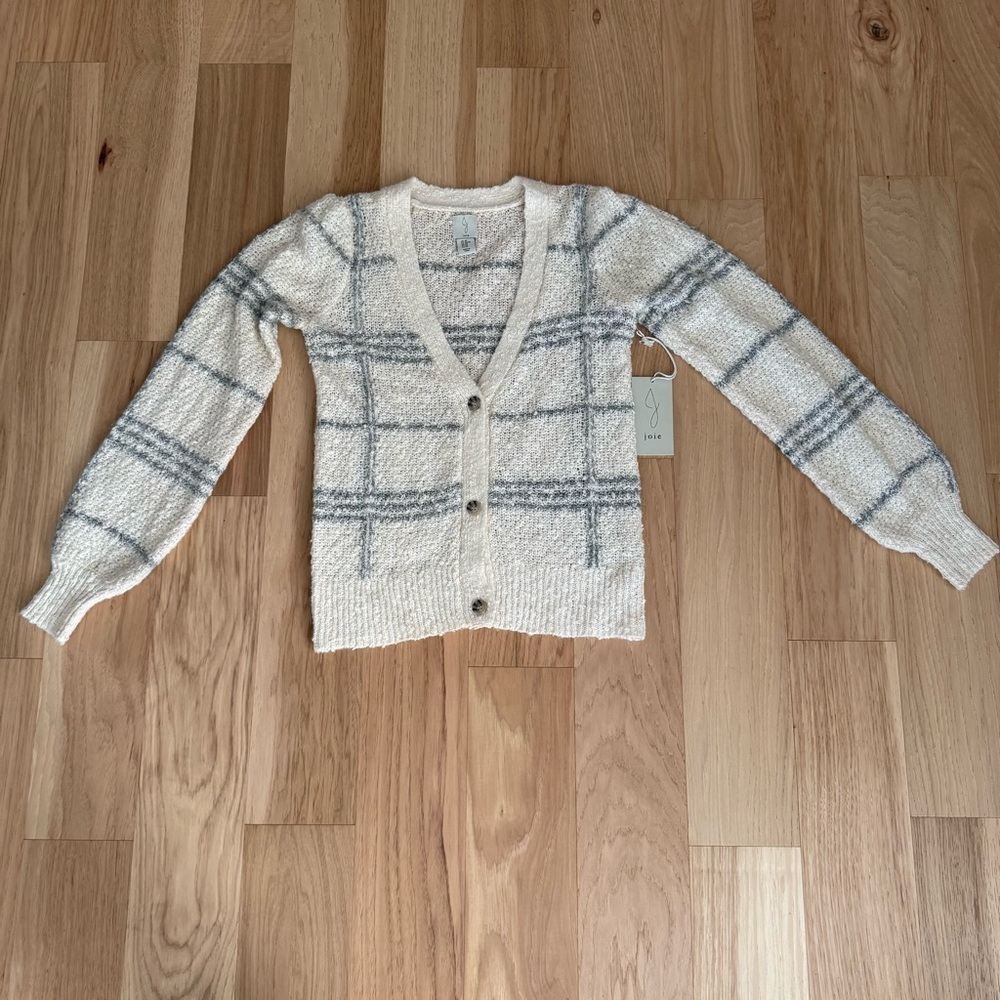 Joie Windowpane Boucle Knit Princess Sleeve Wool Blend Cardigan Sweater Size XS - Picture 2 of 8